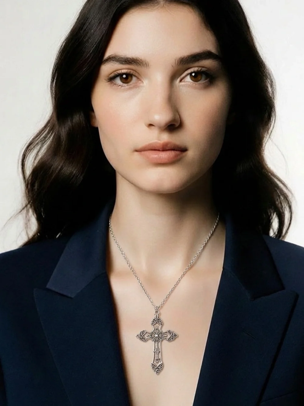 Vintage/Gothic Design Cross 24” Pendant Stainless Steel Silver Necklace